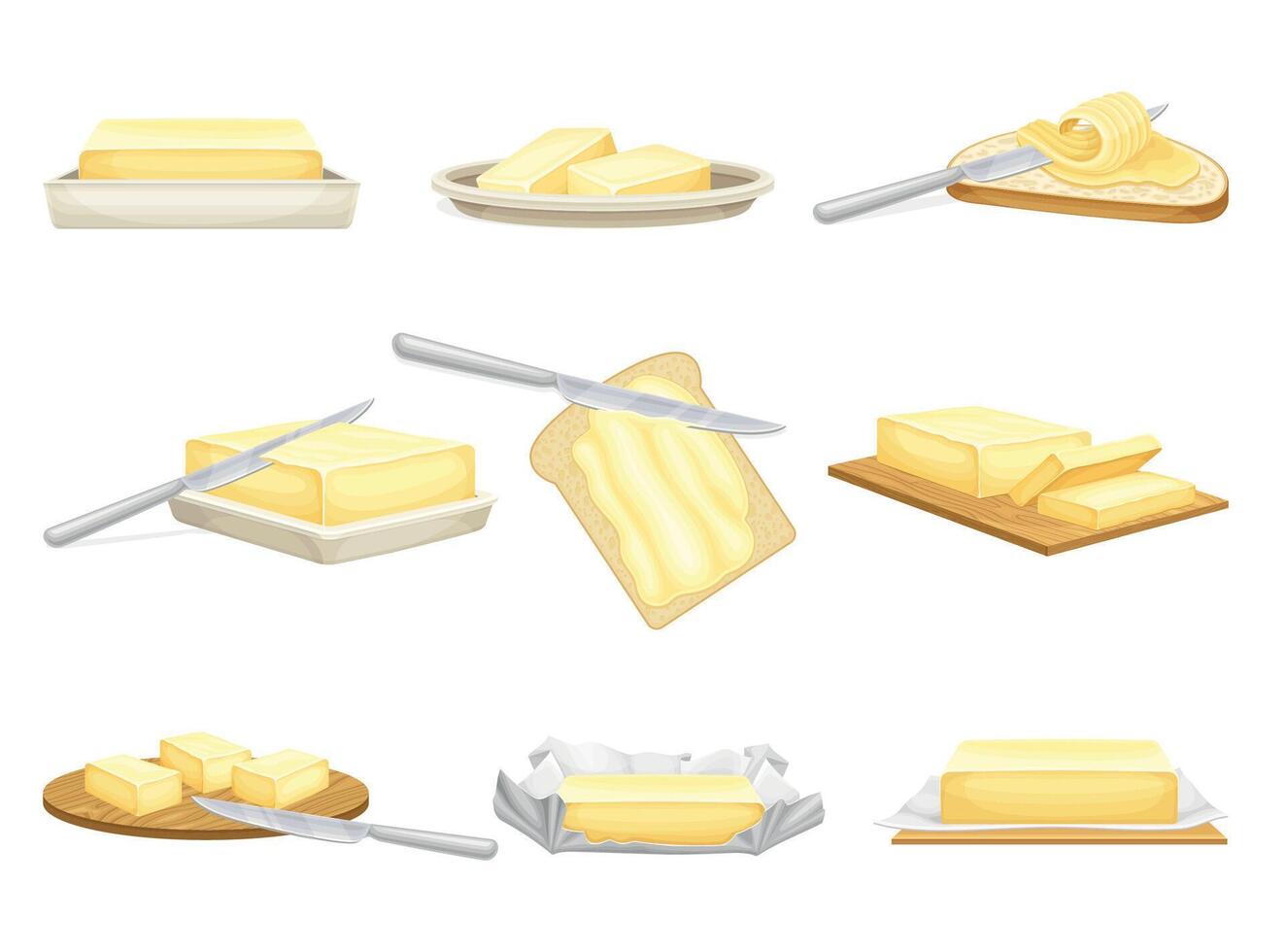 Butter bricks and slices set. Natural dairy product, margarine or spread illustration vector