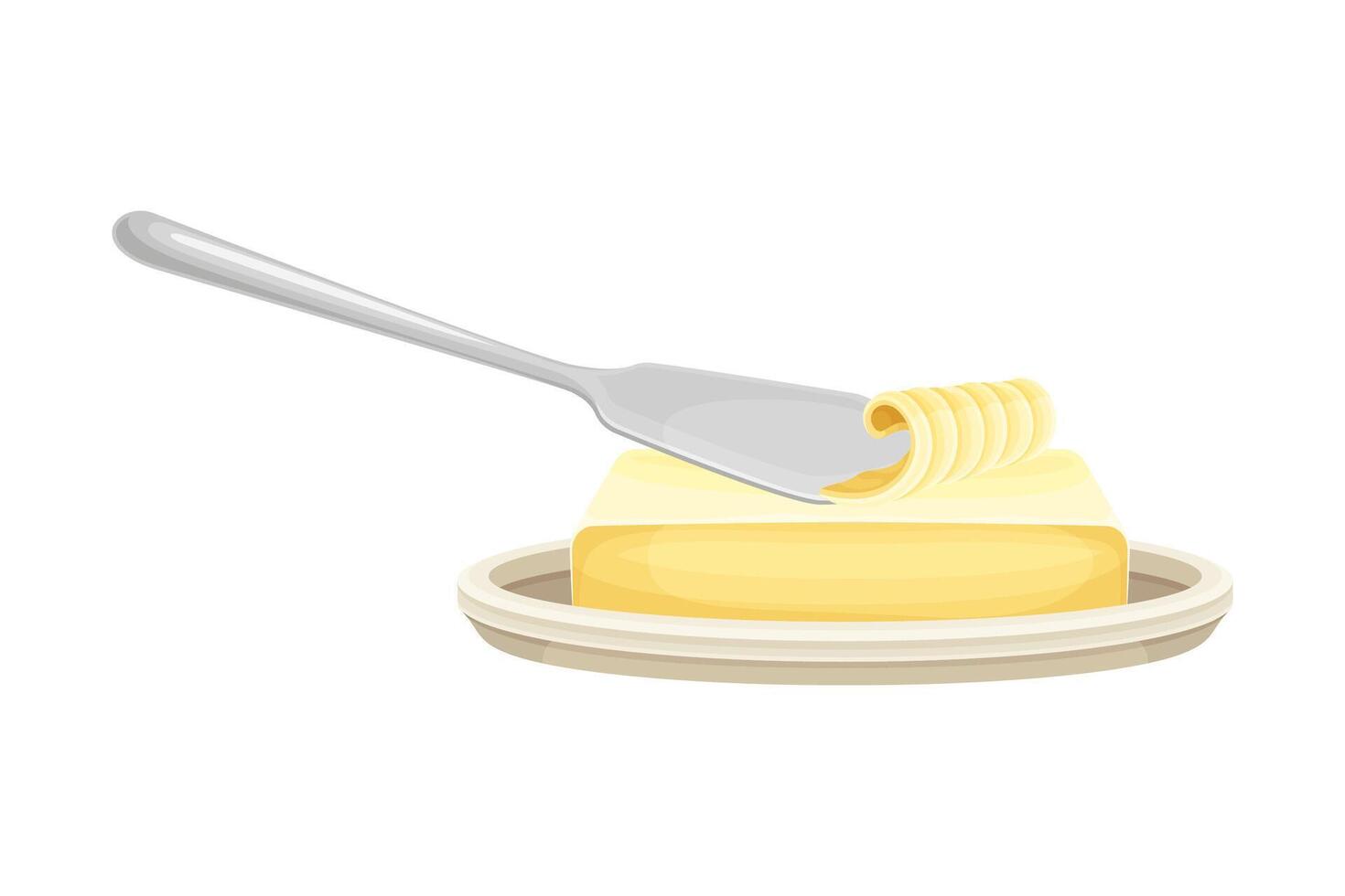 Brick of butter on plate with knife. Natural dairy product, margarine or spread illustration vector