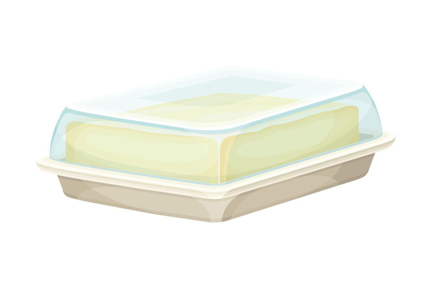 Brick of butter in butter dish. Natural dairy product, margarine or spread illustration vector