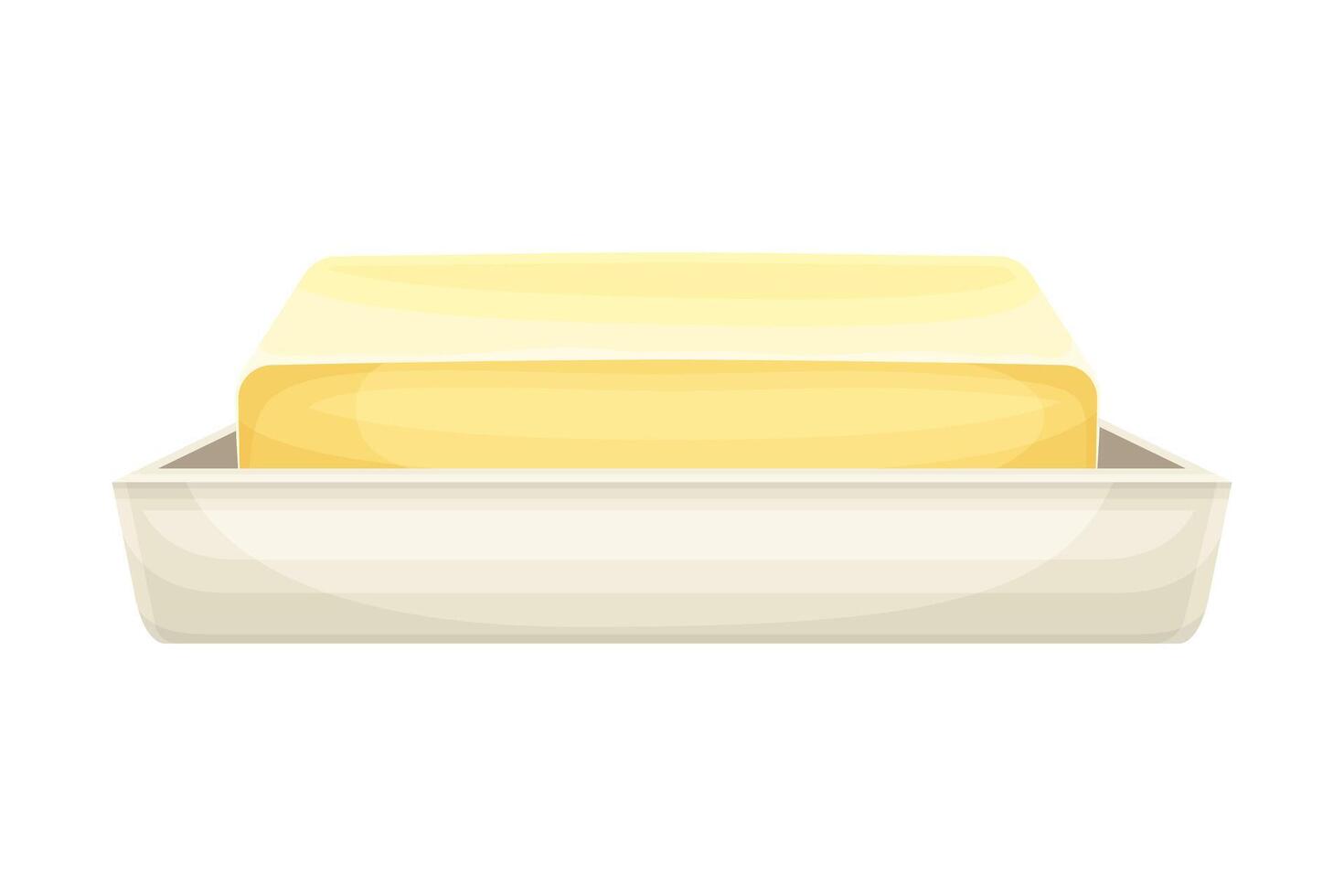 Brick butter on plate. Natural dairy product, margarine or spread in butter dish illustration vector