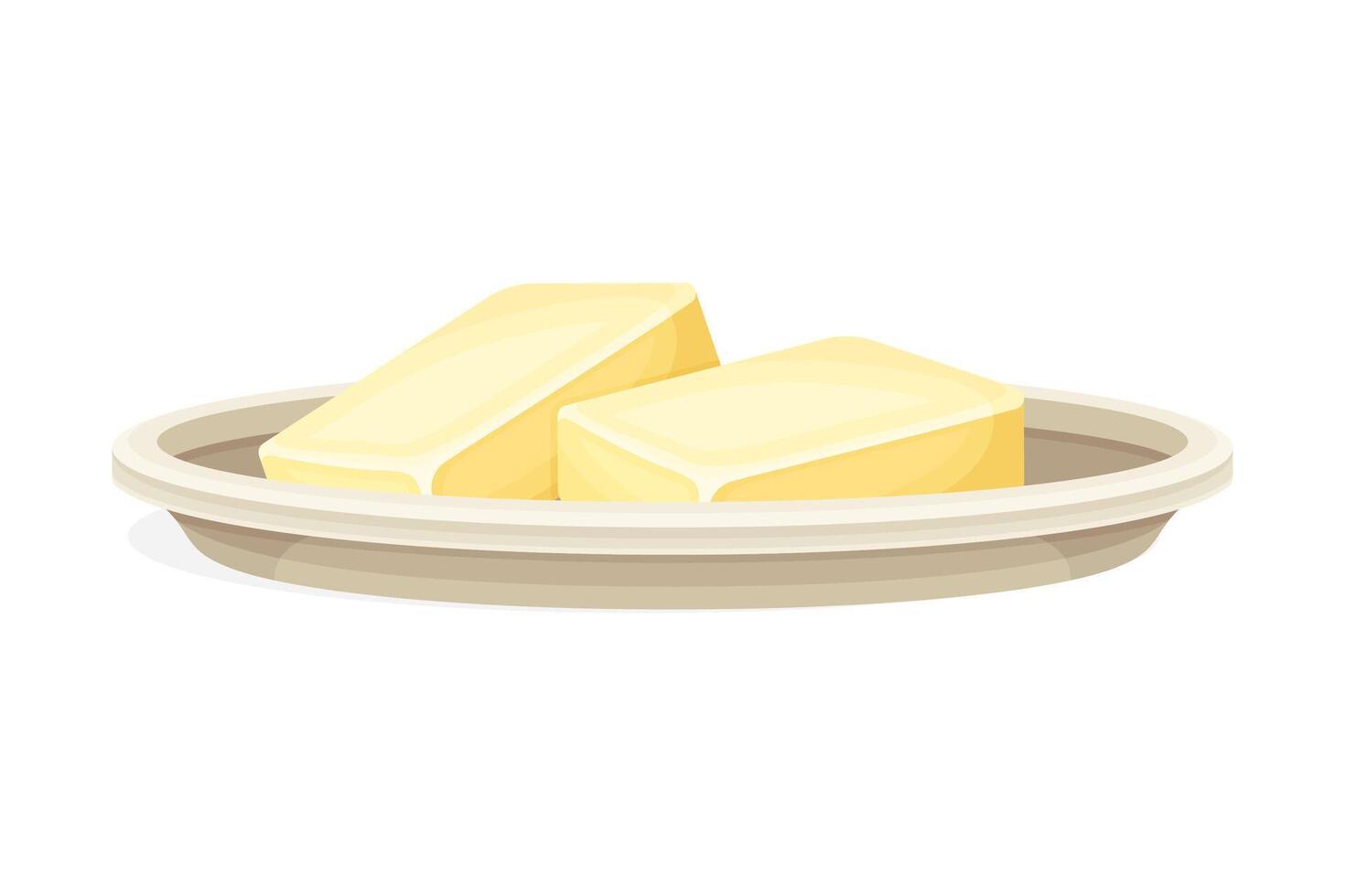 Butter pieces on plate with knife. Natural dairy product, margarine or spread illustration vector