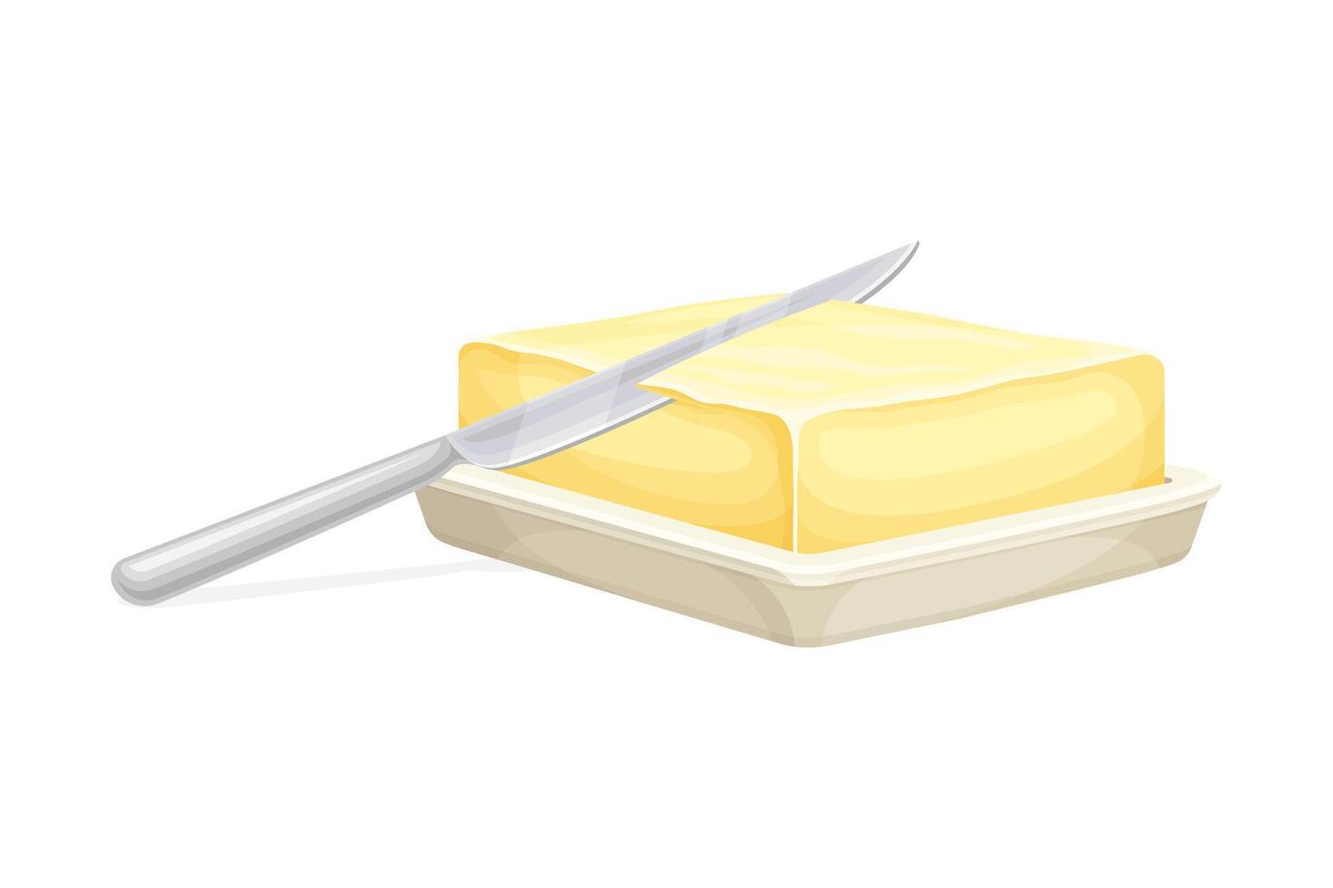Butter on plate with knife. Natural dairy product, margarine or spread in butter dish illustration vector