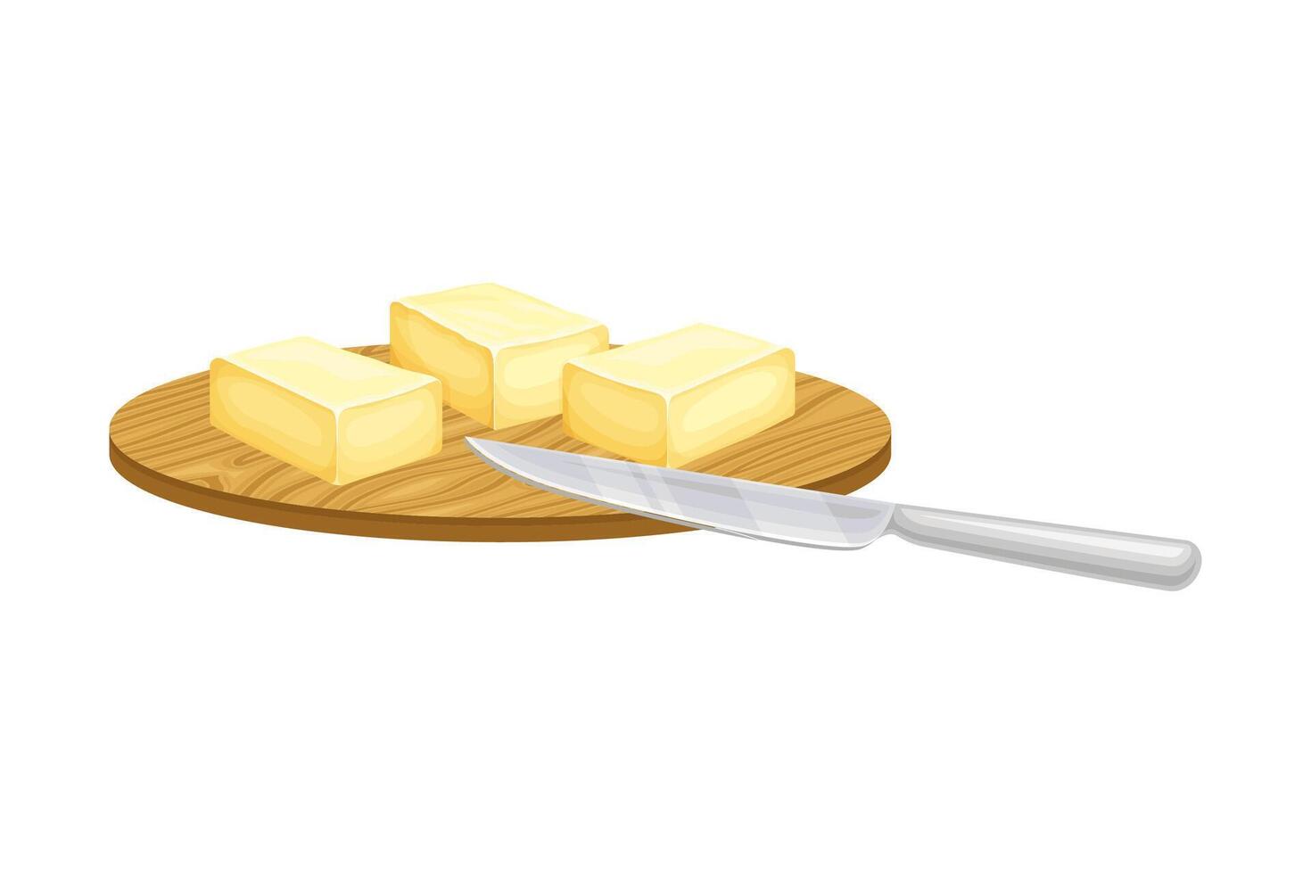 Butter pieces on wooden cutting board with knife. Natural dairy product, margarine or spread illustration vector