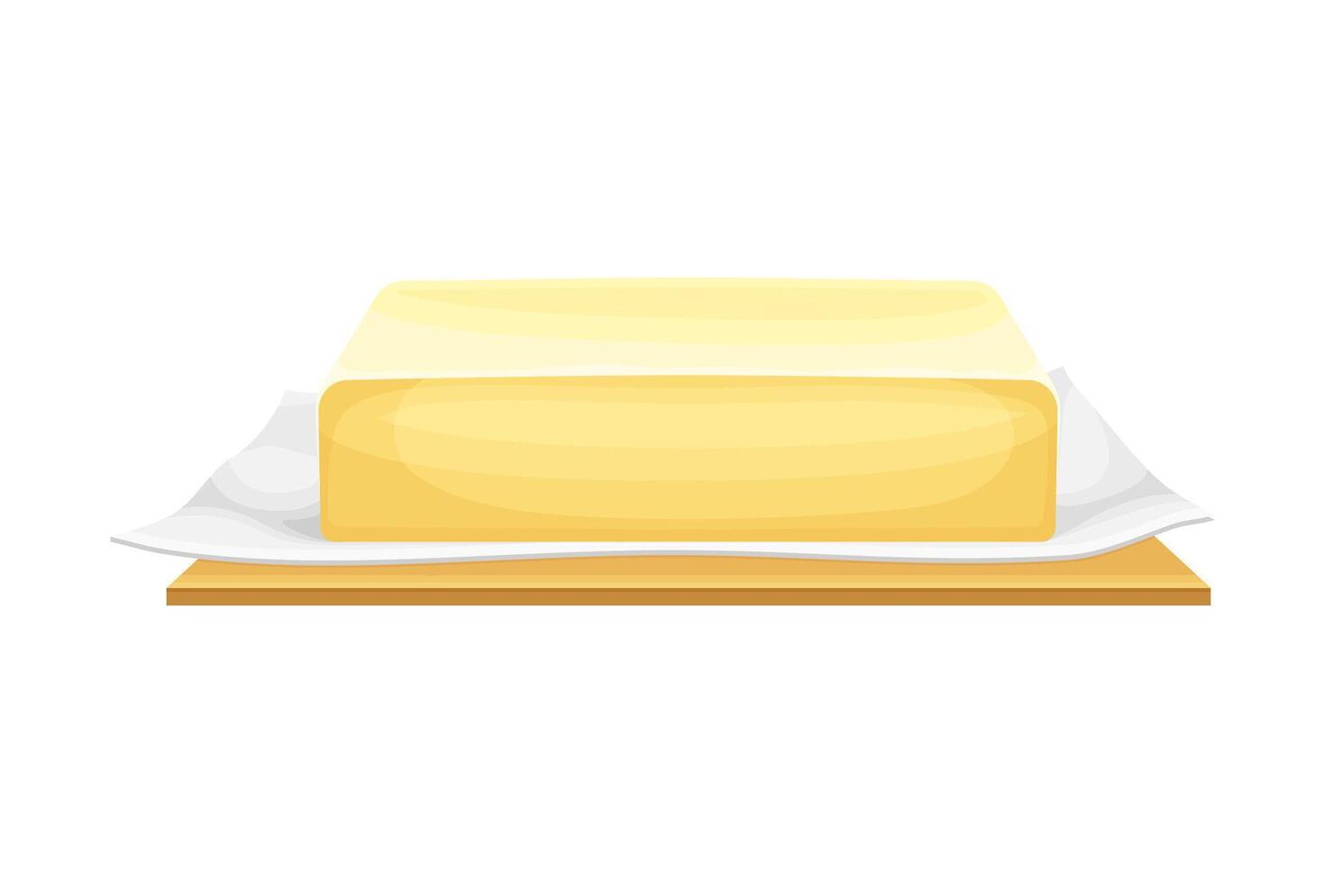 Butter brick with wrapping paper on wooden cutting board. Natural dairy product, margarine or spread illustration vector