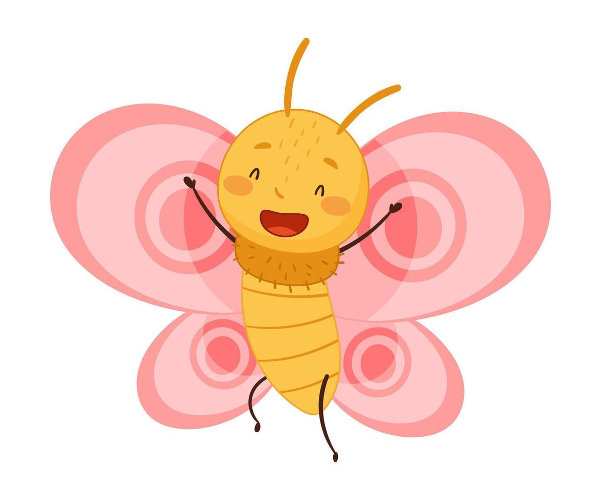 Cute flying baby butterfly with pink wings and happy smiling face cartoon illustration vector