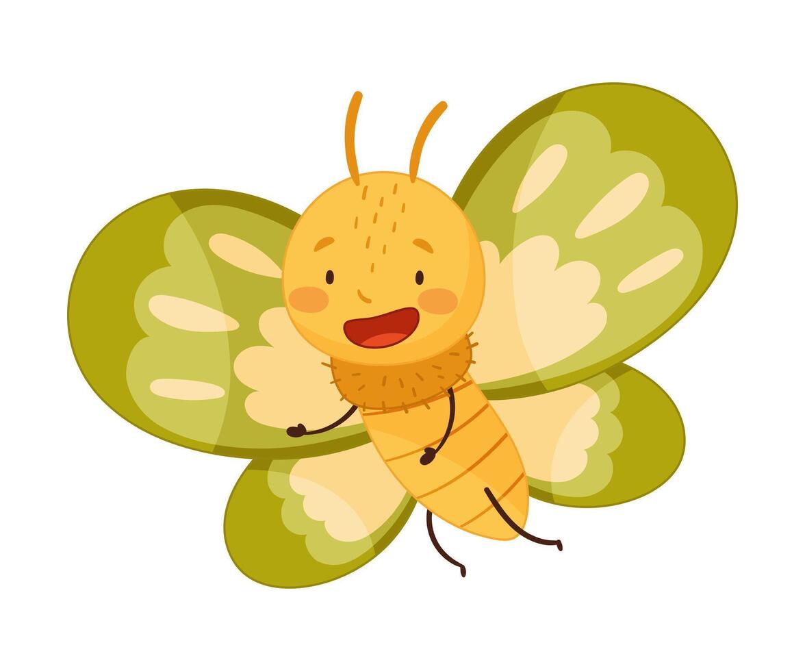 Adorable baby butterfly with bright green spotty wings and funny smiling face cartoon illustration vector