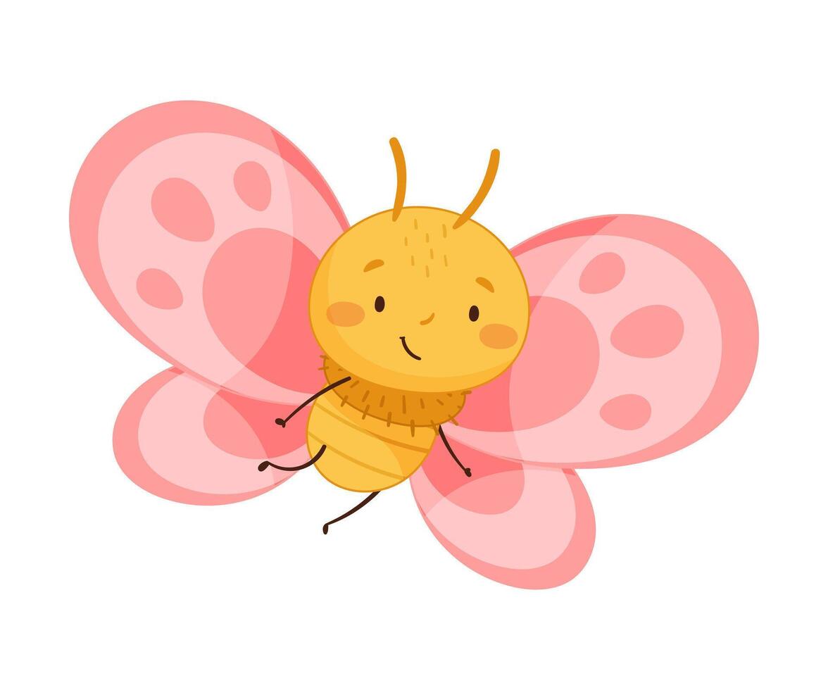 Adorable baby butterfly with pink wings and smiling face cartoon illustration vector