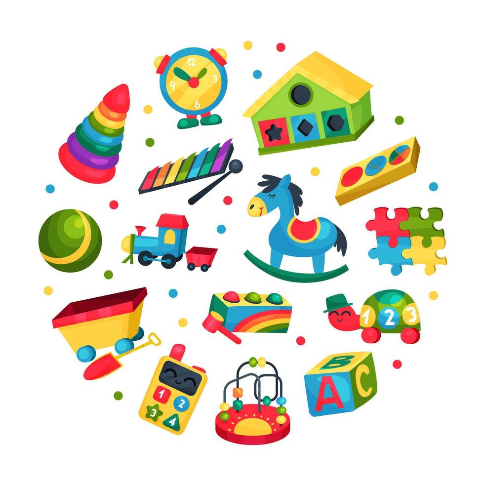 Toy Store Circle Arrangement with Colorful Plaything Template vector