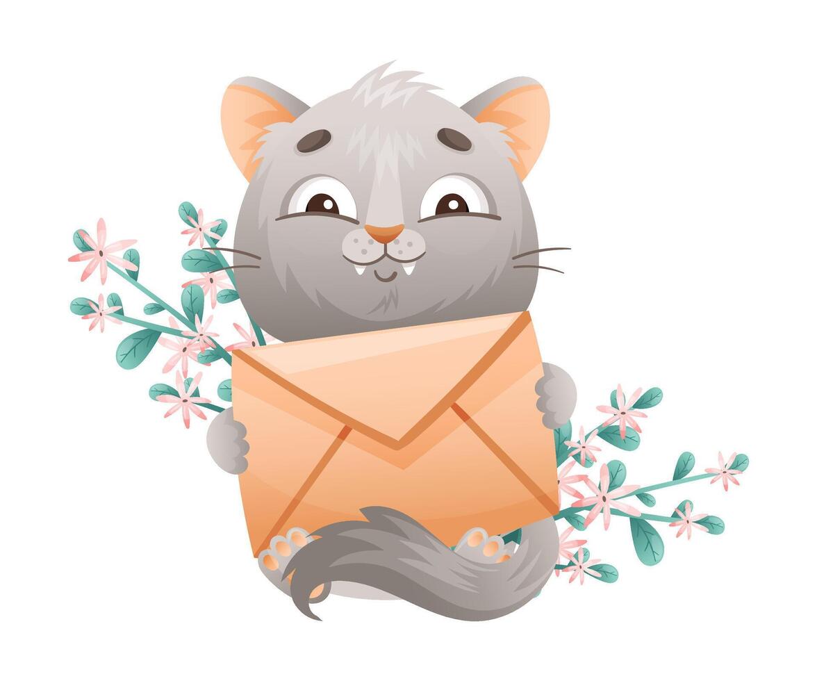 Cute Grey Cat with Flowers Sitting and Holding Envelope with Its Paw Illustration vector