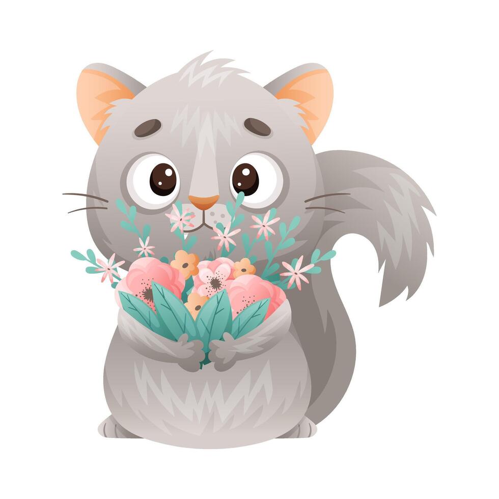 Cute Grey Cat Standing and Holding Bunch of Flowers with Its Paw Illustration vector