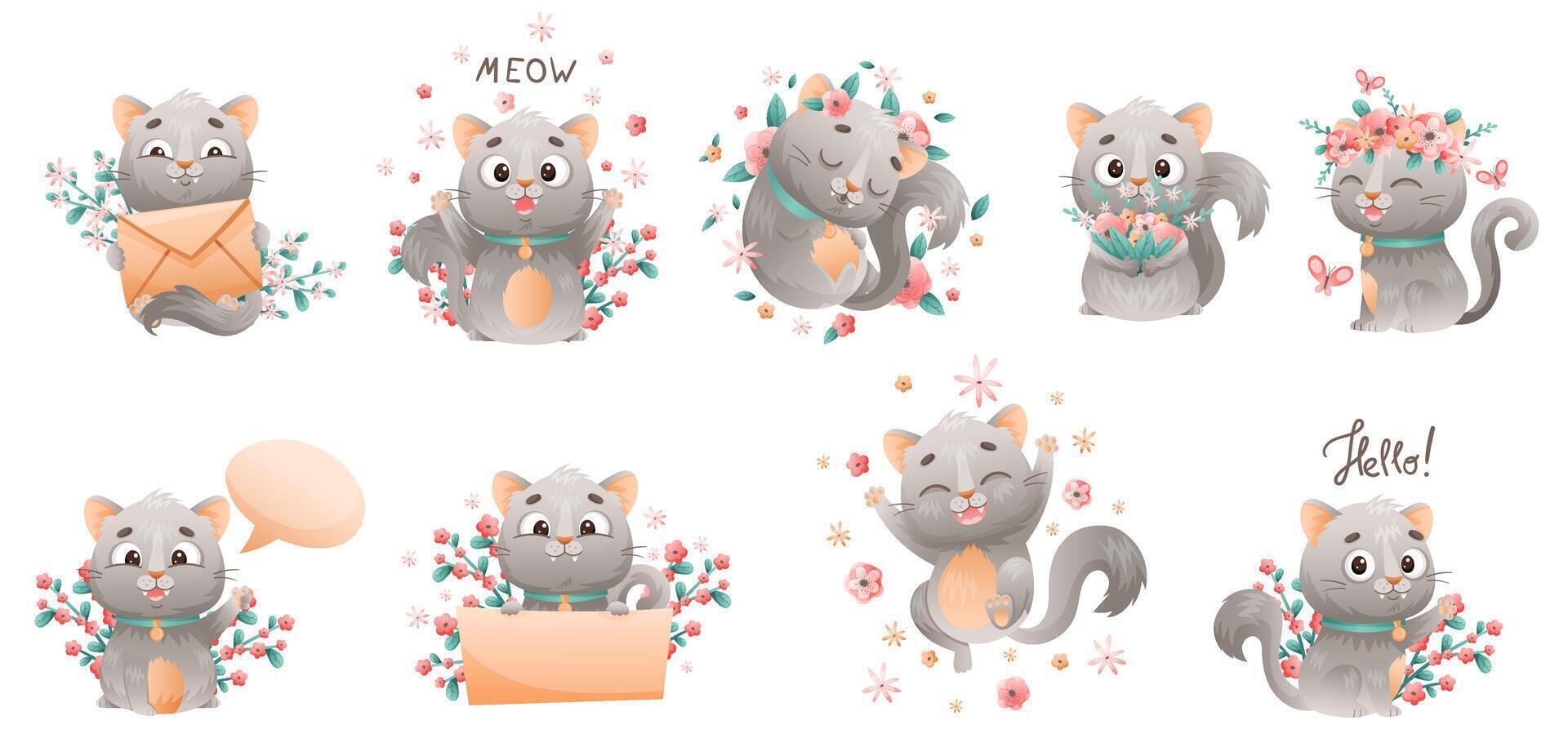 Cute Grey Cat with Flowers Cuddling and Saying Meow Set vector