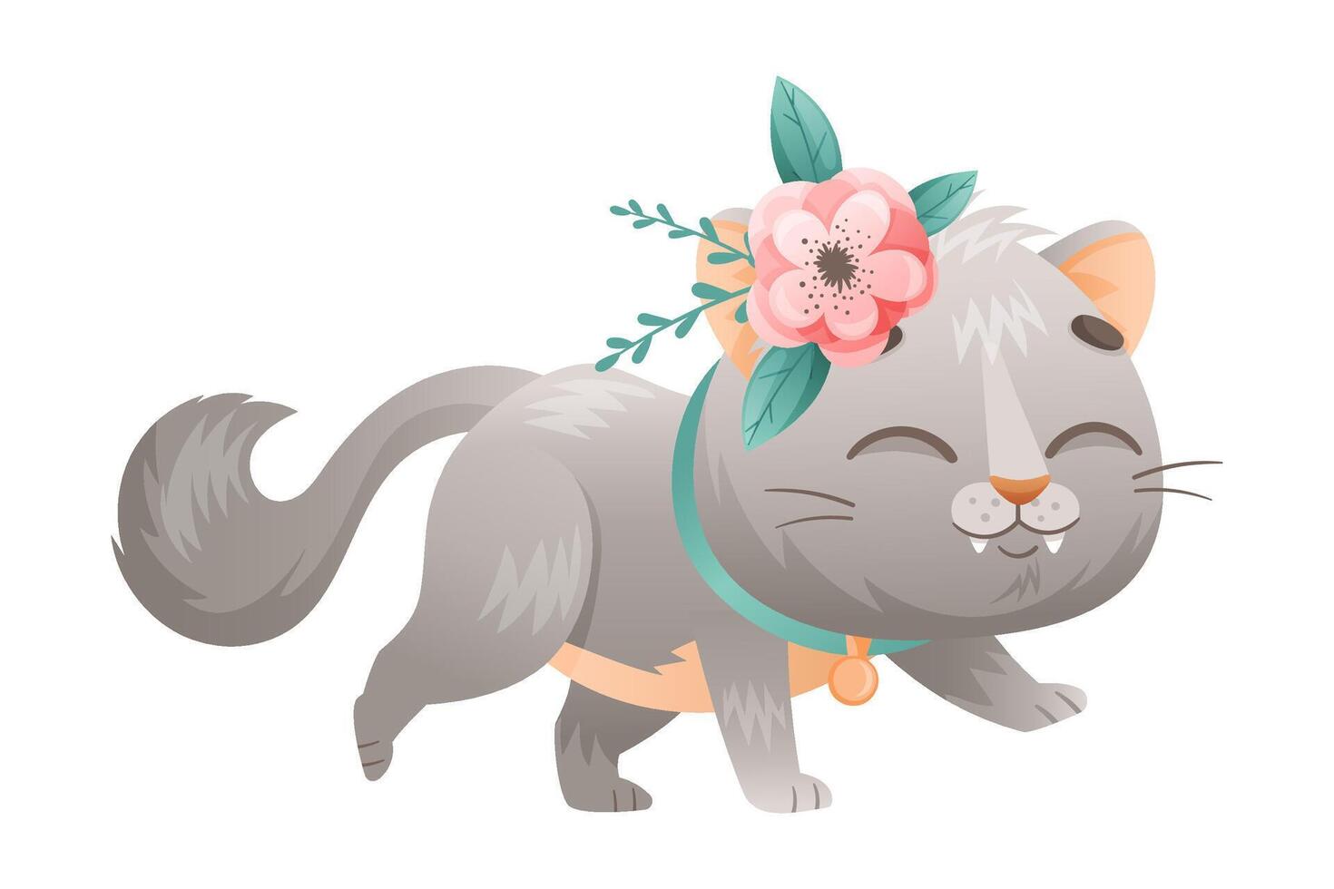 Cute Grey Cat with Flowers on Its Head and Neck Collar Walking Illustration vector