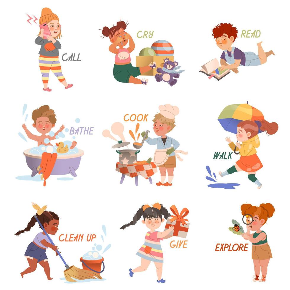 Cute kids doing different activities set. Verbs expressing action cartoon illustration vector