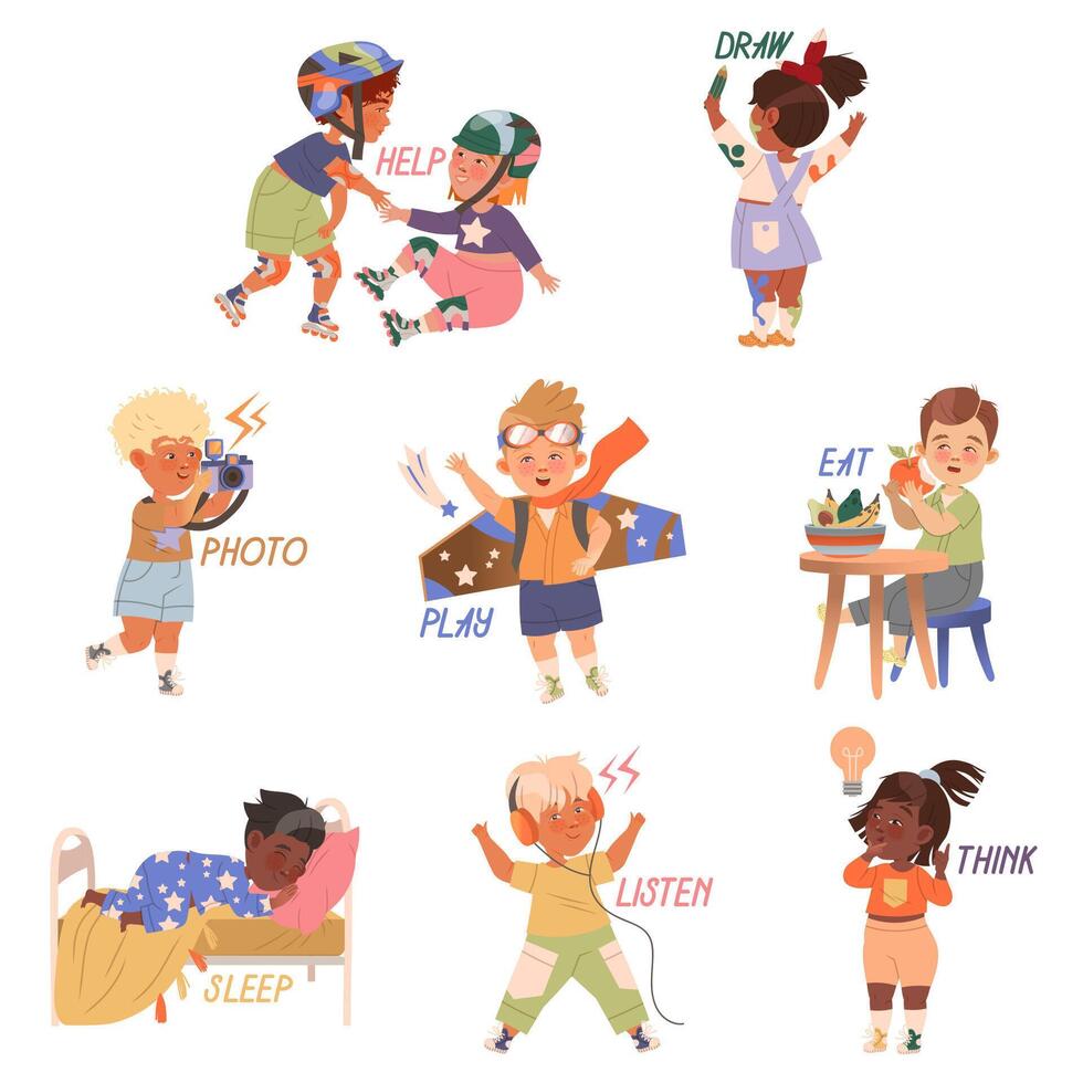 Cute boys and girls doing different activities set. Verbs expressing action, children education concept cartoon illustration vector