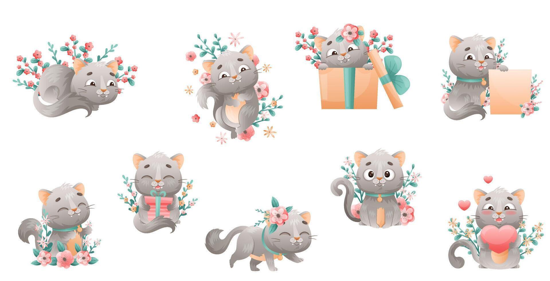 Cute Grey Cat with Flowers Holding Red Heart and Gift Box Set vector