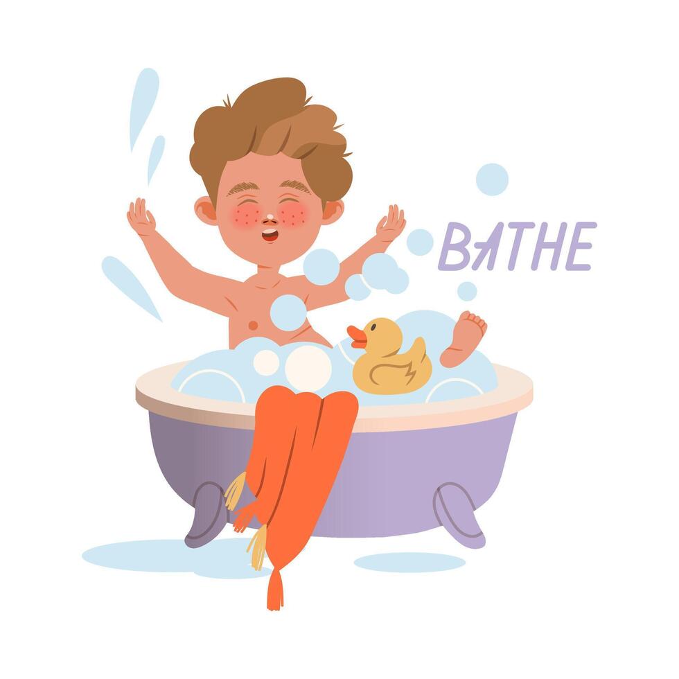 Cute little boy taking bath in bathtub. Verb expressing action, children education concept cartoon illustration vector