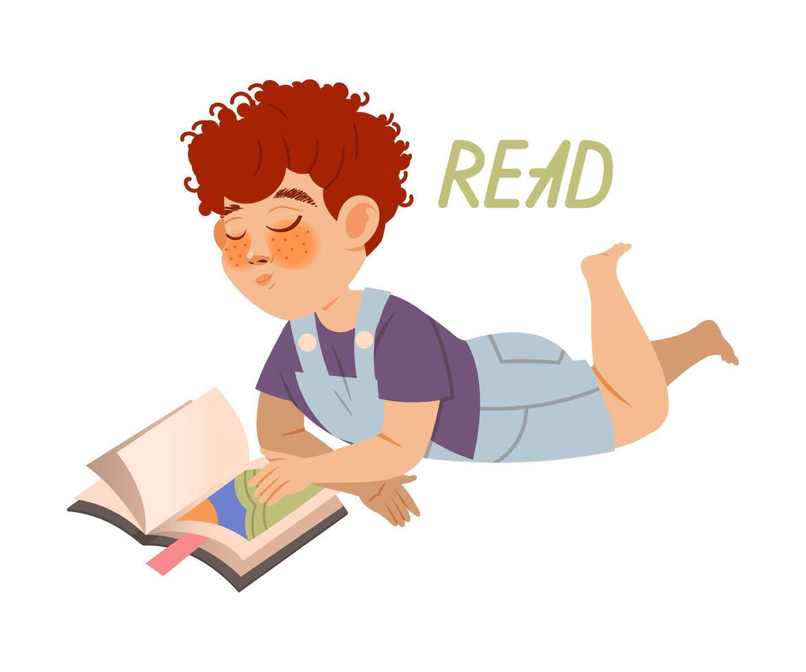 Cute little boy reading book. Verb expressing action, children education concept cartoon illustration vector