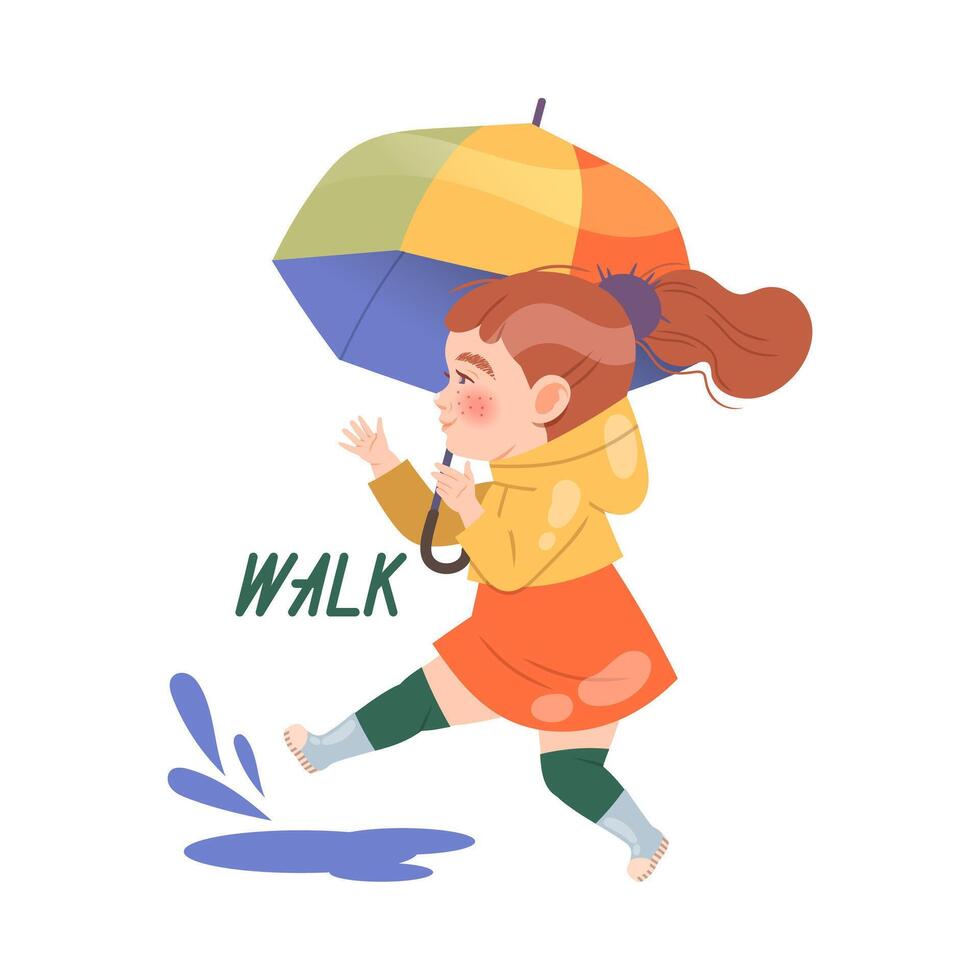 Cute little girl walking with umbrella. Verb expressing action, children education concept cartoon illustration vector