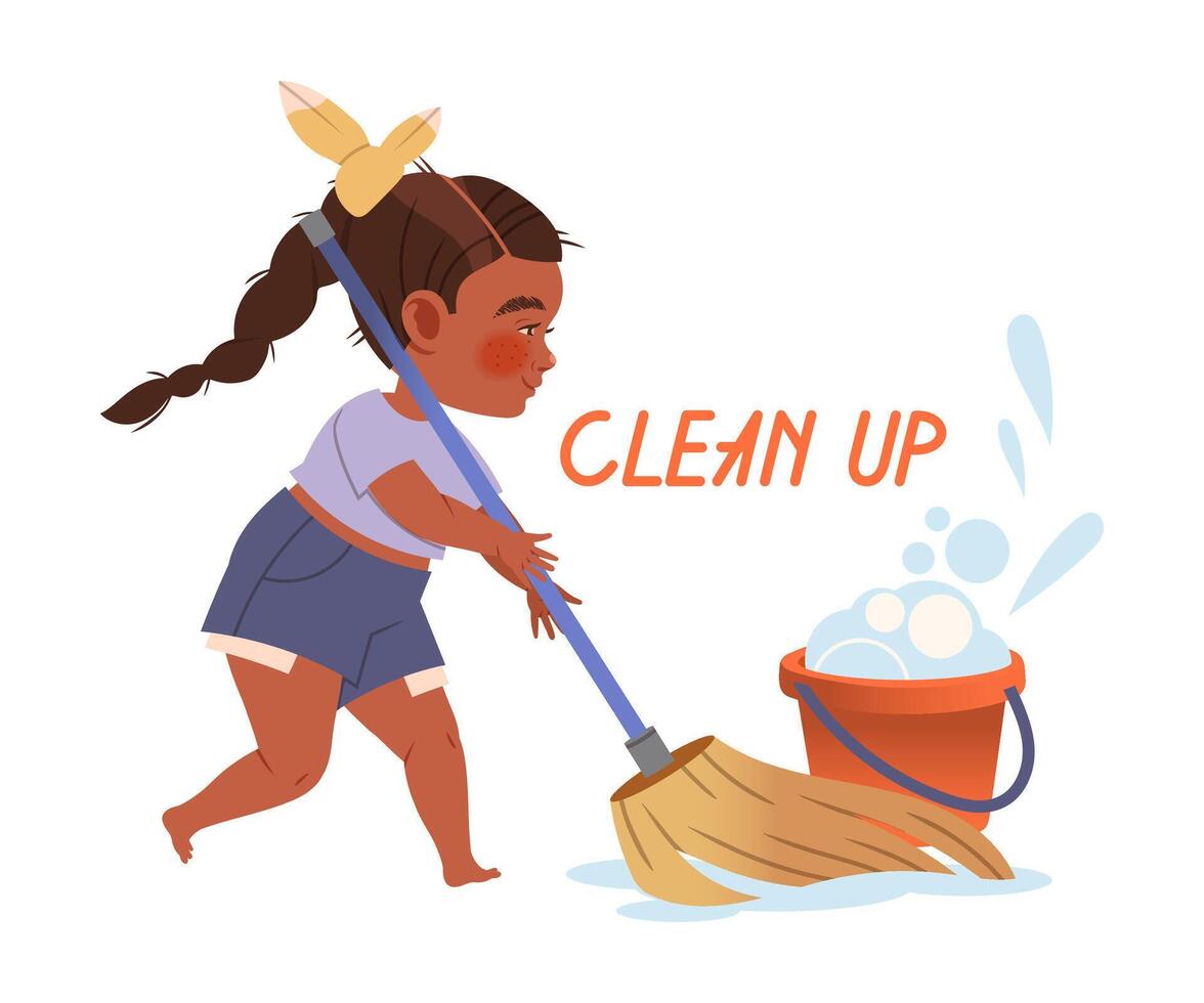 Cute little girl doing housework chores with clean up tools. Verb expressing action, children education concept cartoon illustration vector