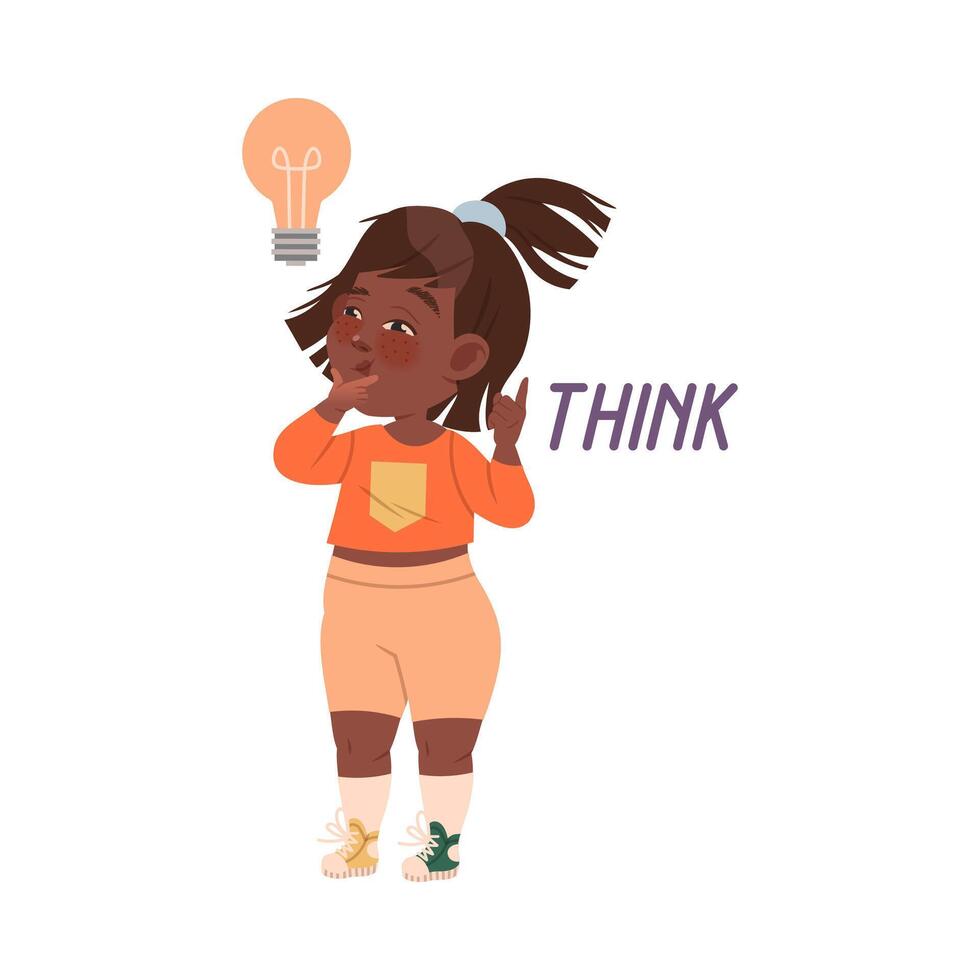 Cute little girl thinking with idea light bulb. Think verb expressing action cartoon illustration vector