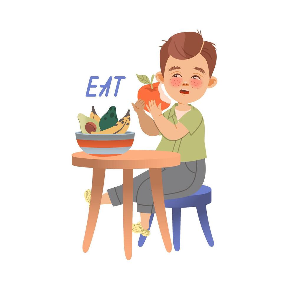 Cute little boy sitting at table and eating apple fruit. Eat verb expressing action cartoon illustration vector