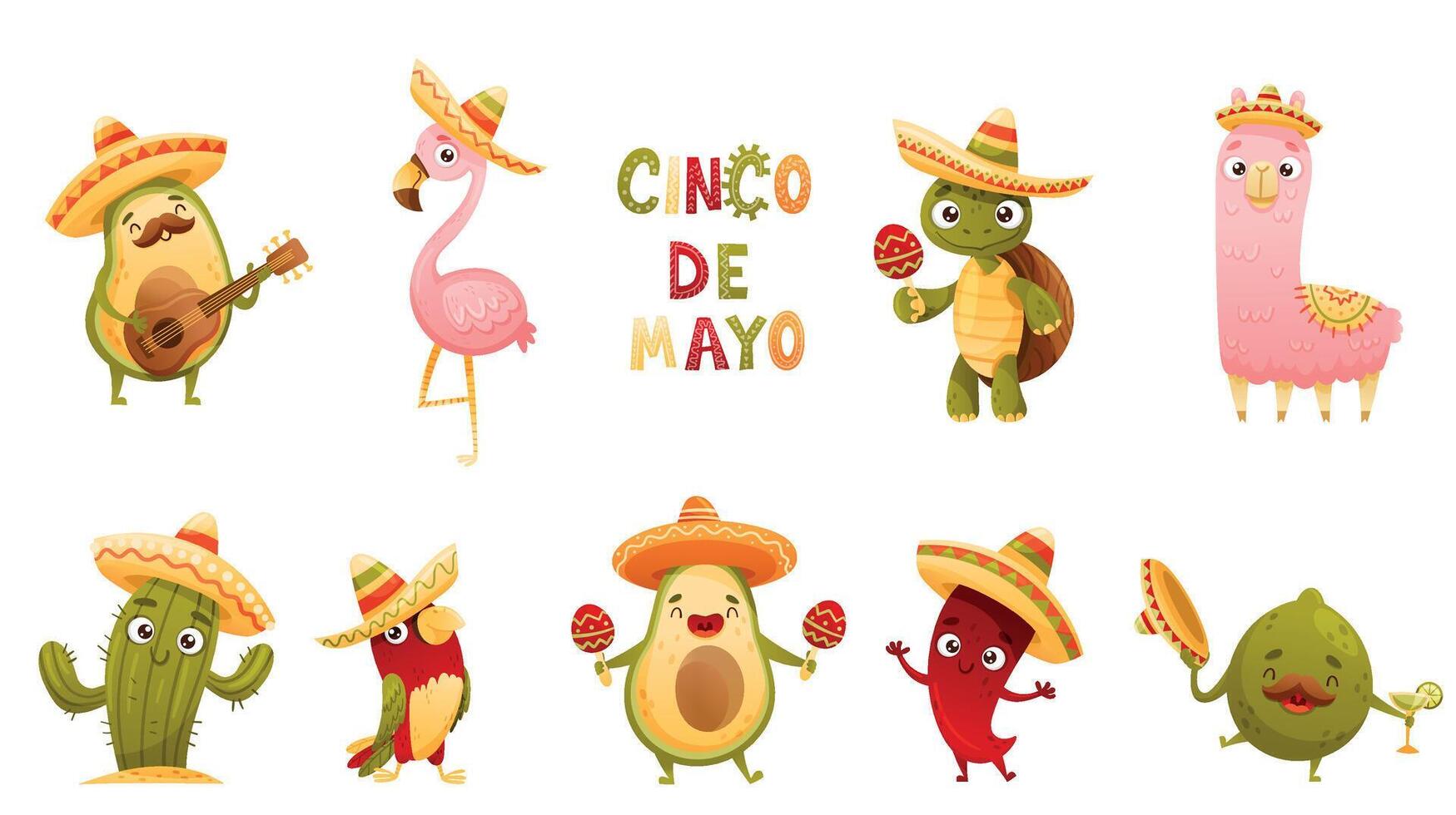 Mexican culture symbols set. Cute funny avocado, flamingo, turtle, llama, cactus, lime in sombrero hats playing musical instruments and dancing cartoon illustration vector