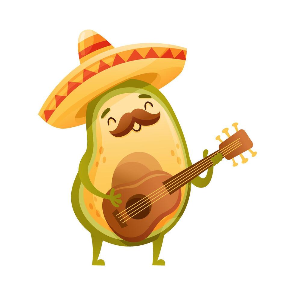Cute funny avocado in sombrero hat playing guitar. Mexican culture symbol cartoon illustration vector