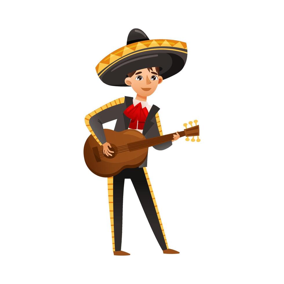 Boy wearing traditional Mexican clothes and sombrero hat playing guitar cartoon illustration vector