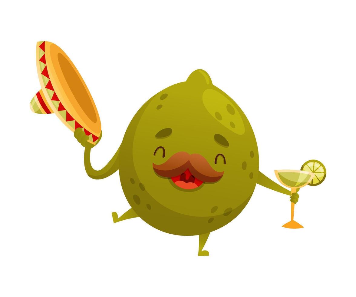 Cute funny lime with sombrero hat drinking tequila. Mexican culture symbol cartoon illustration vector