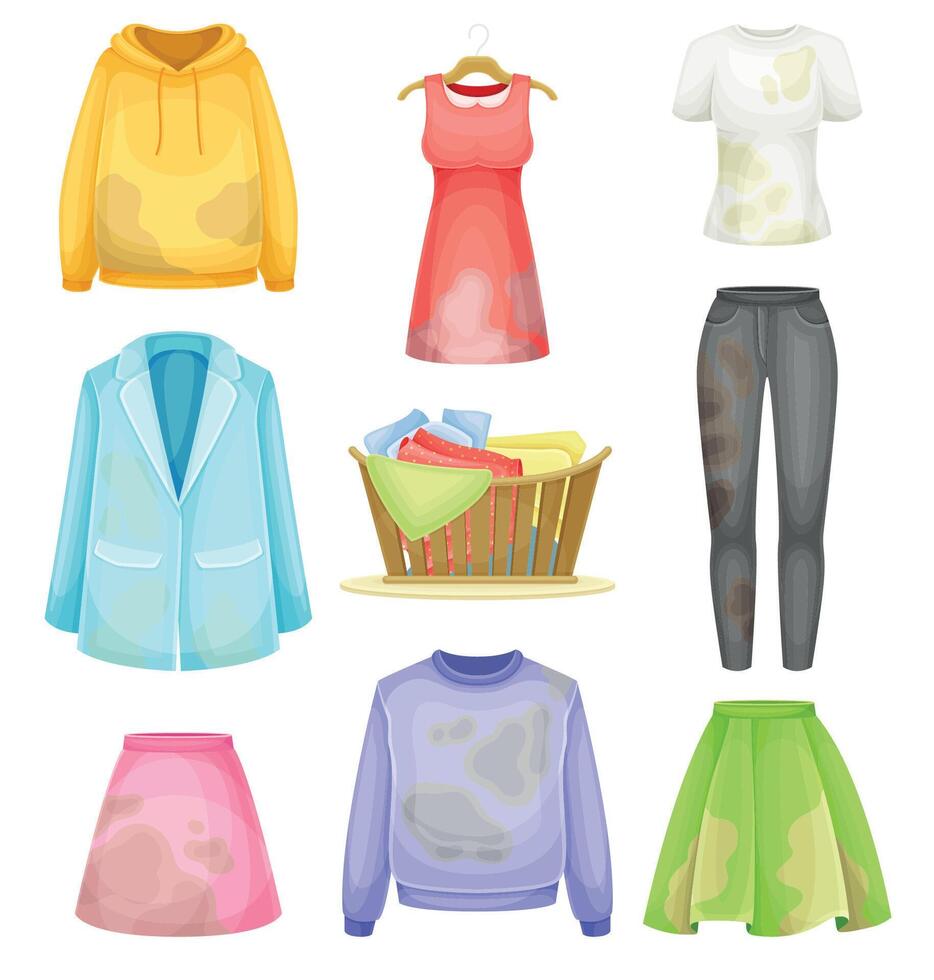 Dirty Clothes with Stain and Spots for Laundry Set vector
