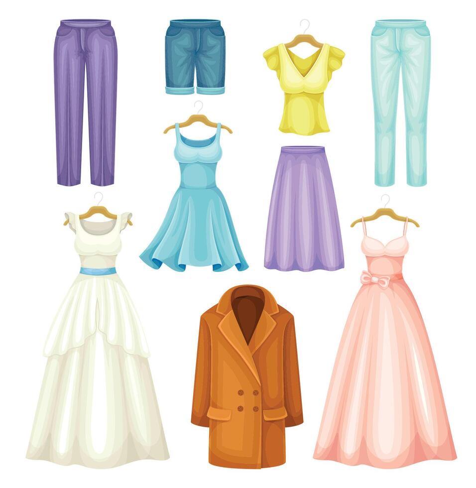 Neat and Clean Clothing with Dress on Hanger and Coat Set vector