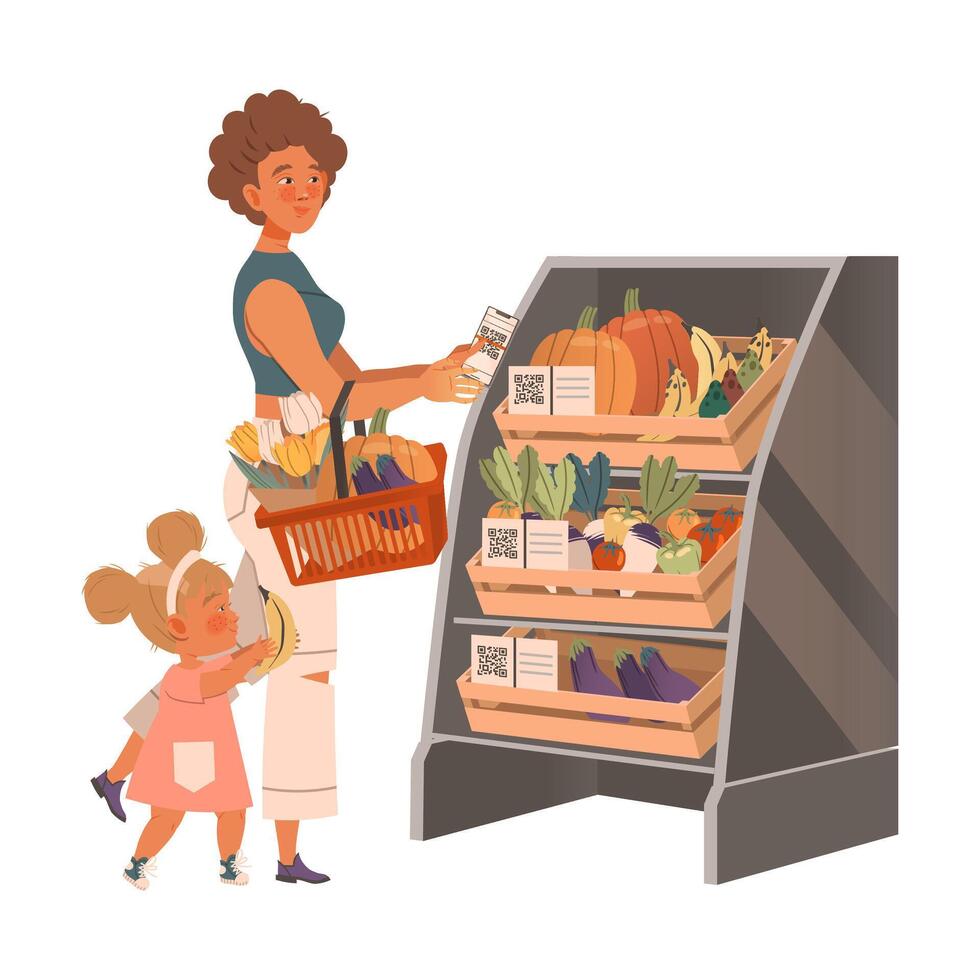 People using contactless payment for quick online internet pay at store. Buyer paying by app on smartphone cartoon illustration vector