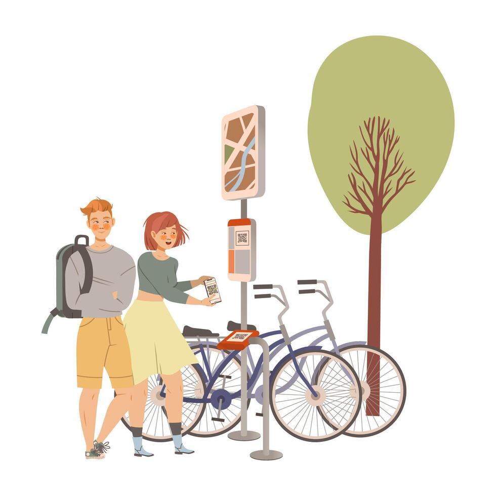 People using phone for scan qr code for renting bikes. Buyers paying by app on smartphone cartoon illustration vector