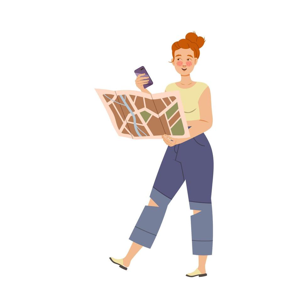 Girl tourist walking with map and smartphone. Young woman using contactless mobile payment system cartoon illustration vector