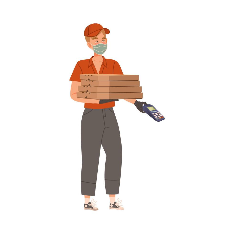 Delivery man carrying boxes with pizza and POS terminal cashless payment machine cartoon illustration vector