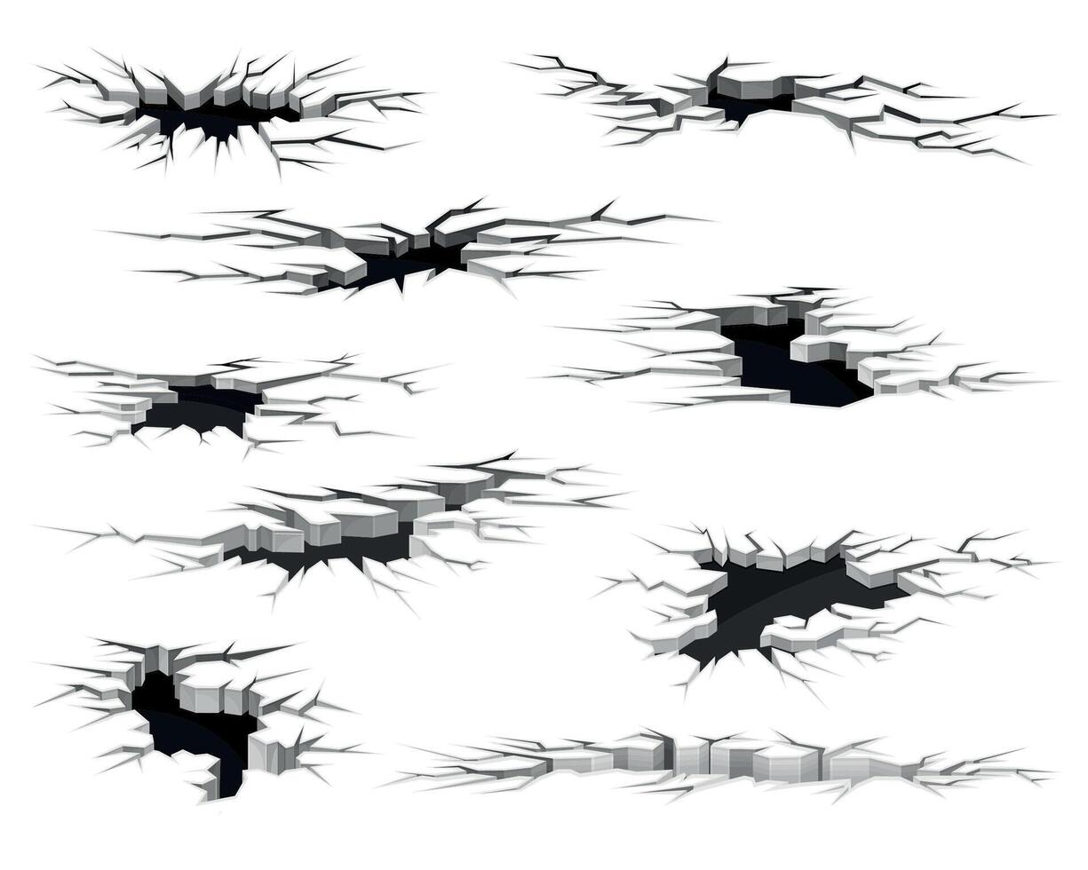 Black surface crack with holes set. Destruction effects, crevices from disaster illustration vector