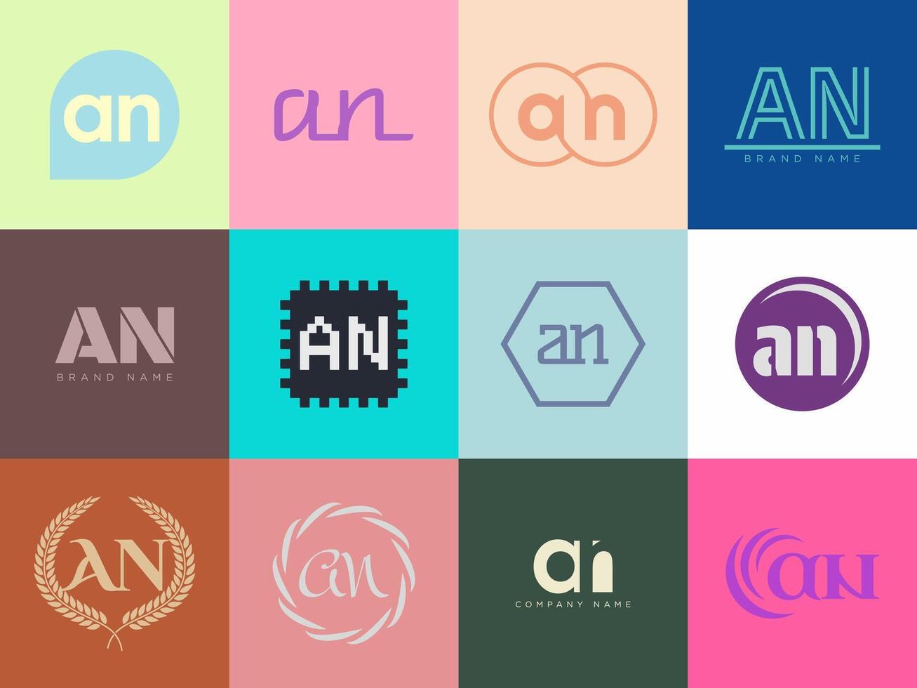 AN logo template. Letter a and n logotype. Set different classic serif lettering and modern bold text with design elements. Initial font typography. vector
