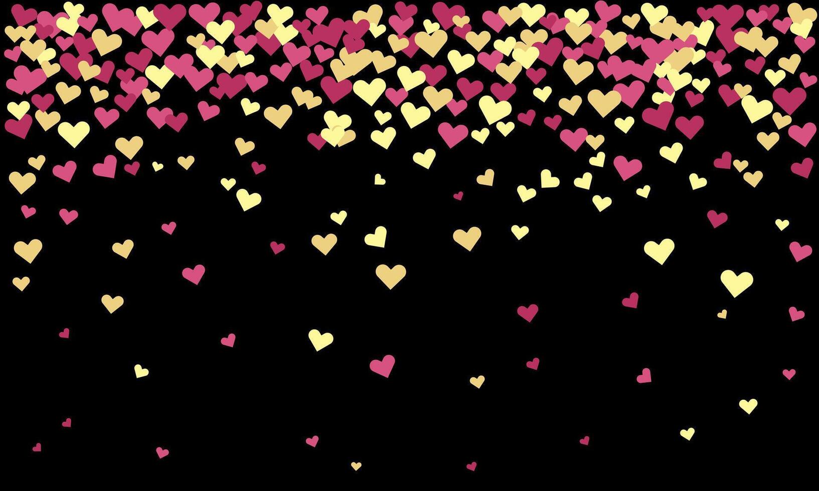 Romantic pink and gold hearts falling on black background. Perfect for Valentines Day, wedding invitations, or celebratory designs. A whimsical, joyful image conveying love and happiness. vector
