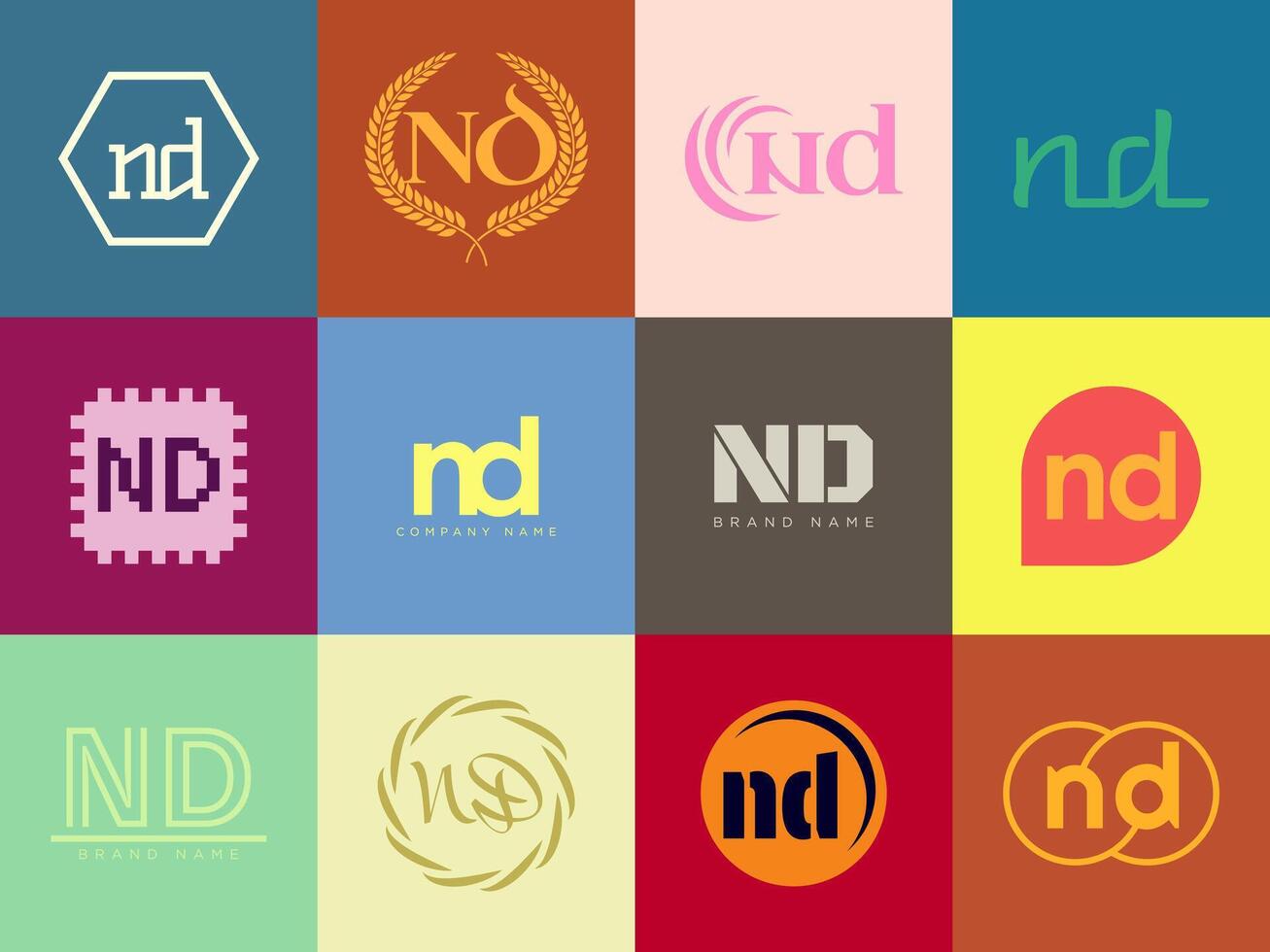ND . n and d logotype. Set different classic serif lettering and modern bold text with design elements. Initial font typography. vector