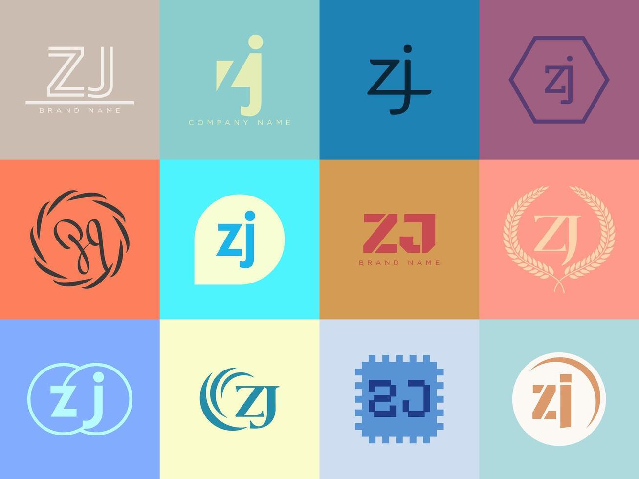 ZJ logo template. Letter z and j logotype. Set different classic serif lettering and modern bold text with design elements. Initial font typography. vector