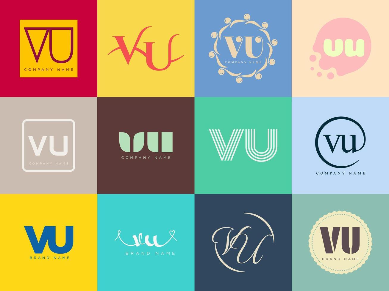 VU logo template. Letter v and u logotype. Set different classic serif lettering and modern bold text with design elements. Initial font typography. vector