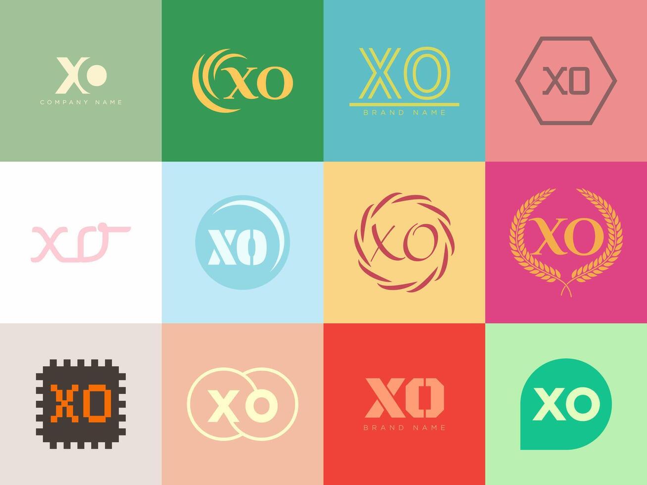 XO logo company. Letter x and o logotype. Set different classic serif lettering and modern bold text with design elements. Initial font typography. vector