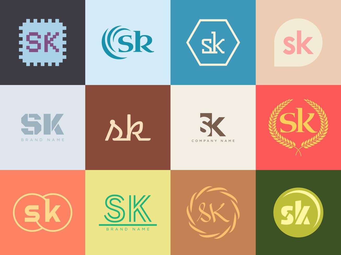 SK logo company template. Letter s and k logotype. Set different classic serif lettering and modern bold text with design elements. Initial font typography. vector