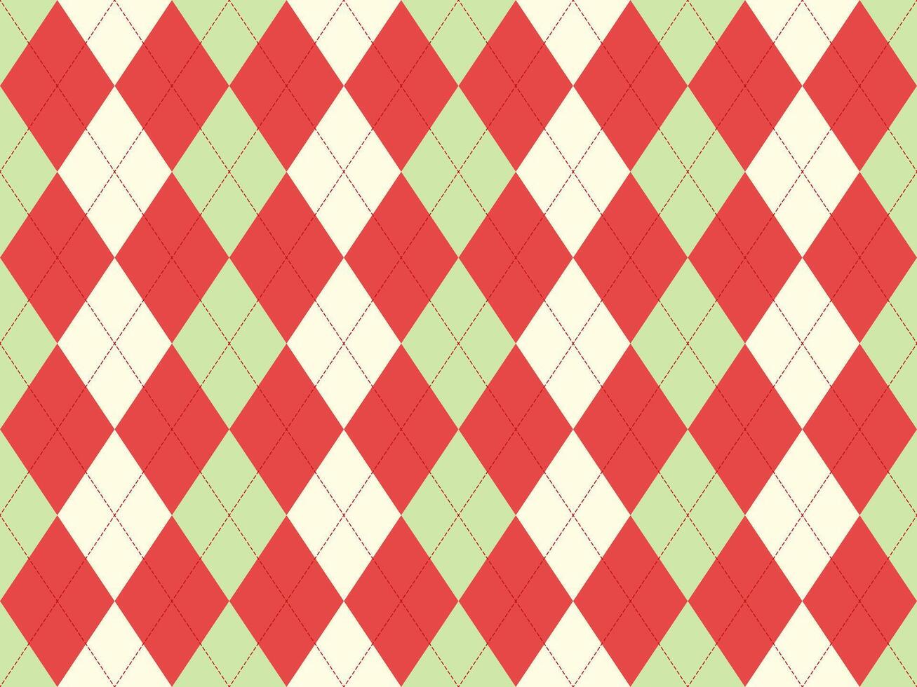 Vibrant argyle pattern in red, green, and cream. Perfect for backgrounds, textiles, or festive designs. Classic yet modern, this seamless texture offers versatility and visual appeal. vector