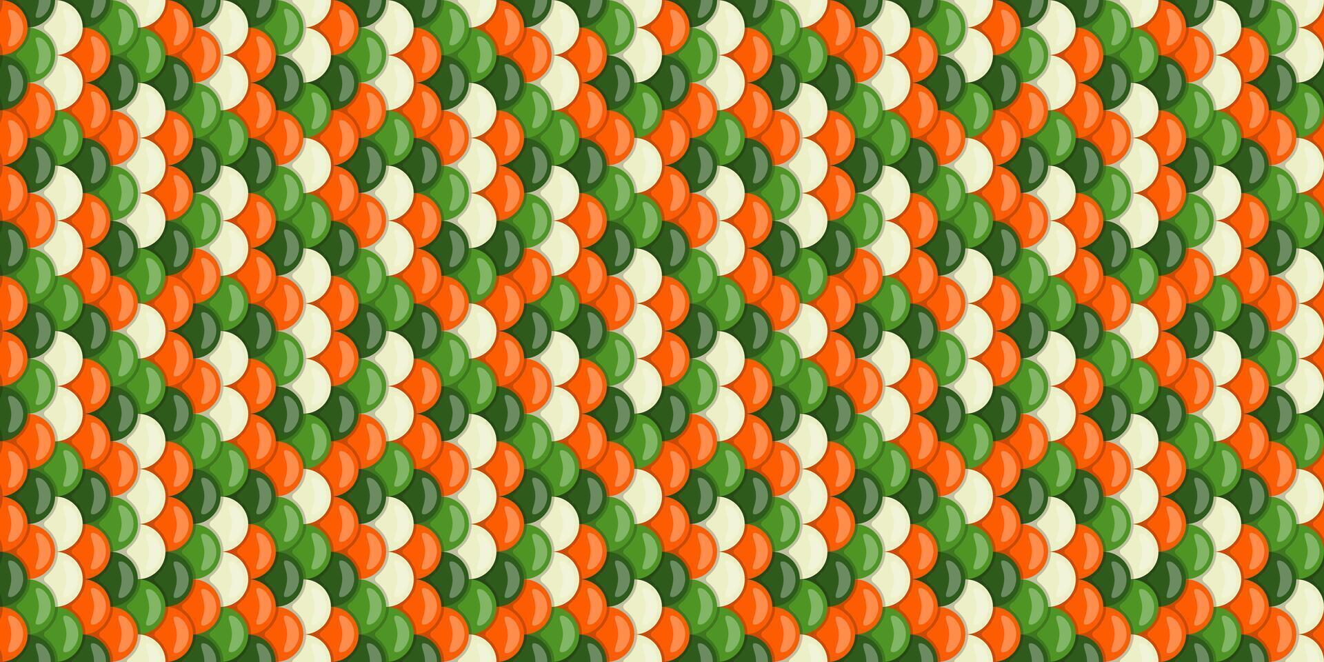Vibrant, repeating pattern of overlapping circles in green, orange, and cream. Ideal for festive designs, textiles, packaging, and digital projects. vector