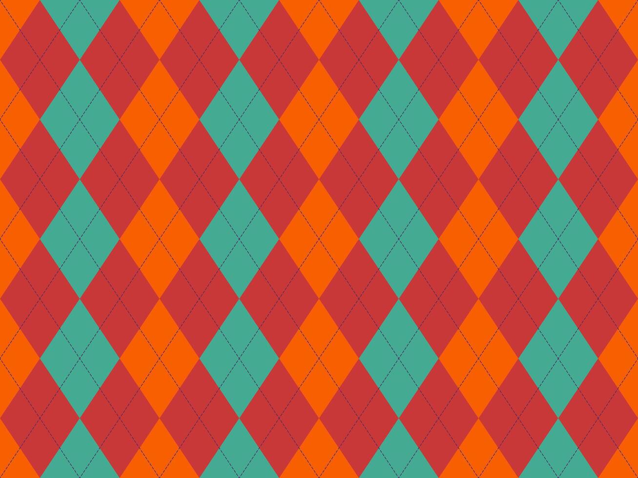 Vibrant argyle pattern in teal, orange red. Perfect for textiles, backgrounds, website design, or adding a touch of retro style to your projects. Geometric, seamless design. vector