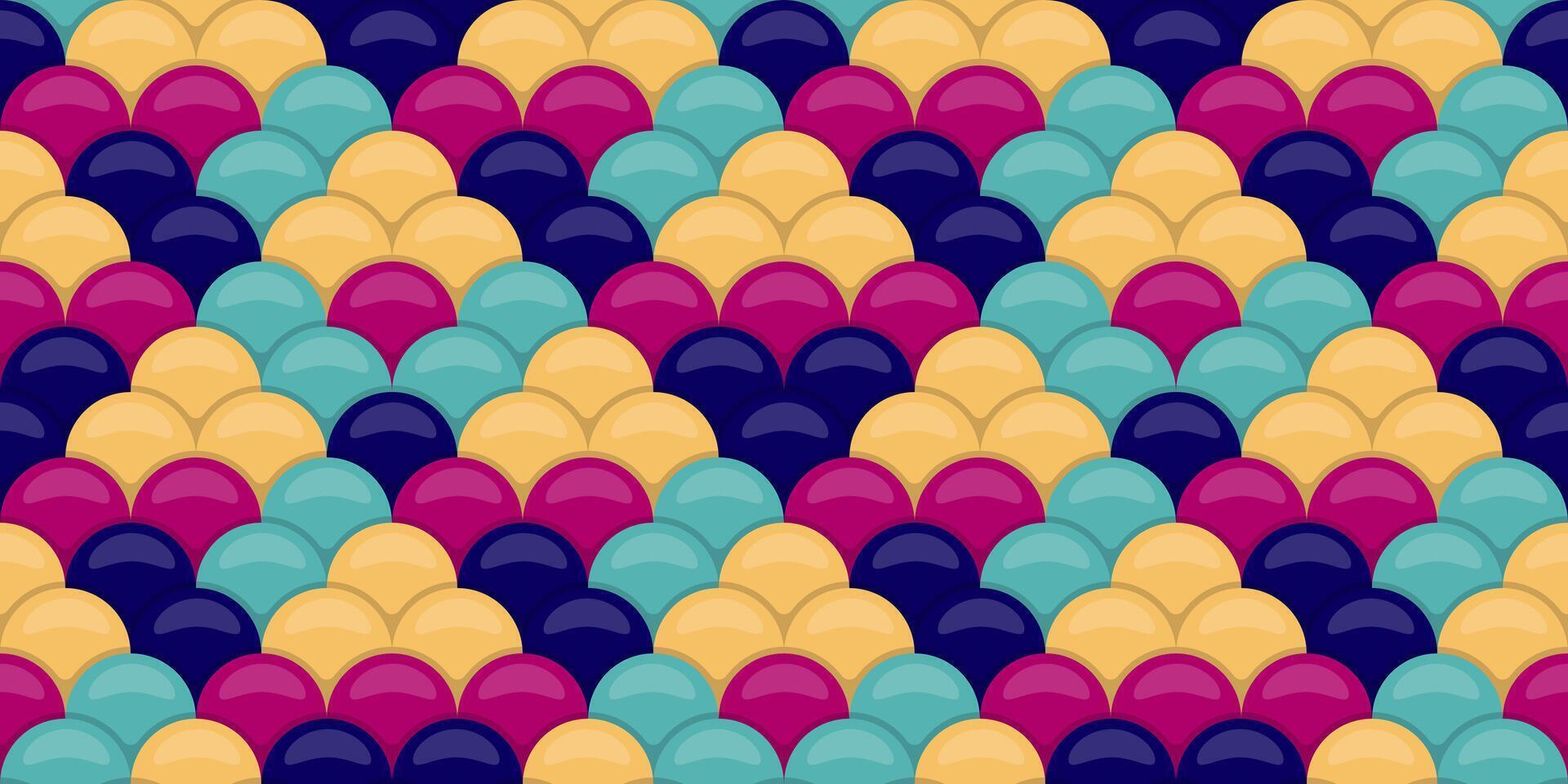 Vibrant, seamless pattern of overlapping, glossy scales in teal, magenta, and gold. Perfect for textile design, website backgrounds, or playful branding. Evokes a sense of movement and luxury. vector
