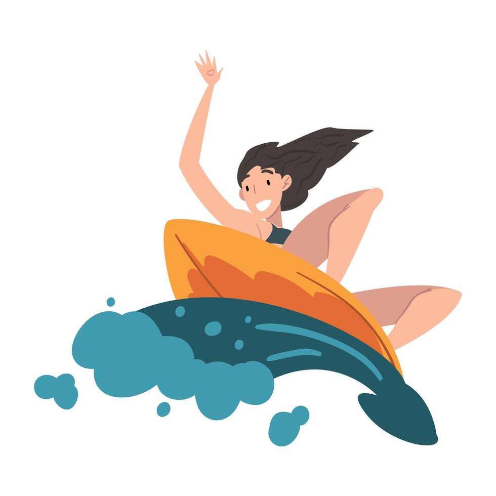 Girl Surfer Riding on Ocean Wave, Extreme Hobby or Water Sport, Tourism and Recreational Activity Cartoon Style Illustration vector