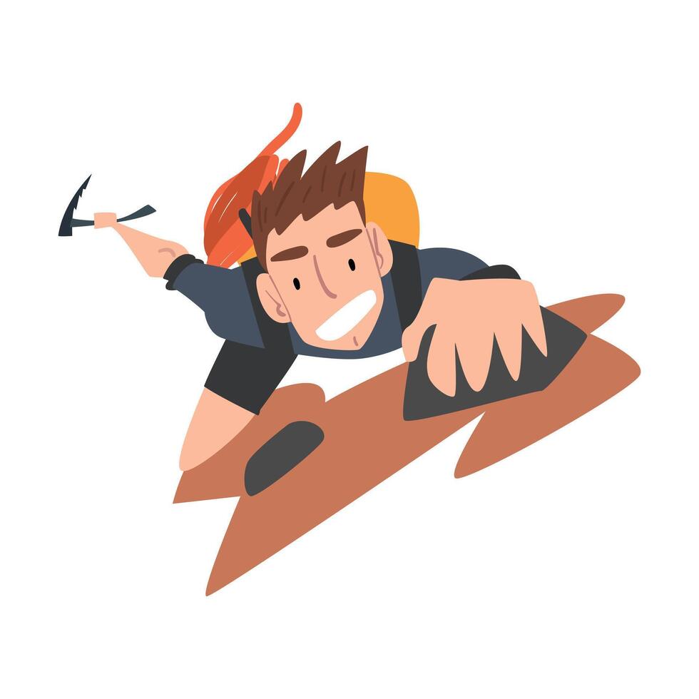 Man Climbing on Rock Mountain, Extreme Hobby or Sport Cartoon Style Illustration vector