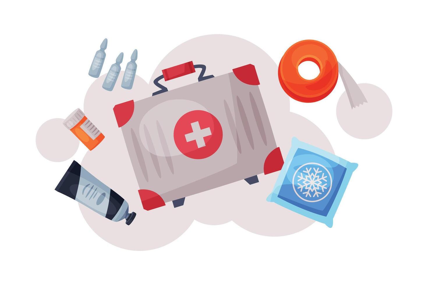First Aid Kit with Medications and Emergency Equipment Set, Urgency Medical Service Supplies Flat Illustration vector